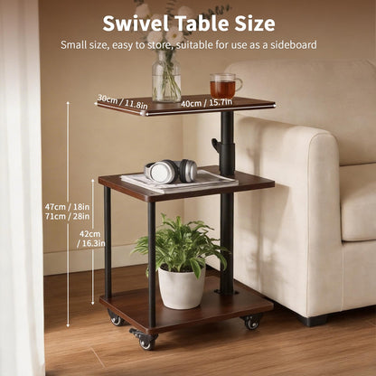 Bingyouth Side Table with Wheels, Adjustable Sofa Table with 360° Swivel Top, 3 Tier Small End Table for Living Room and Bedroom