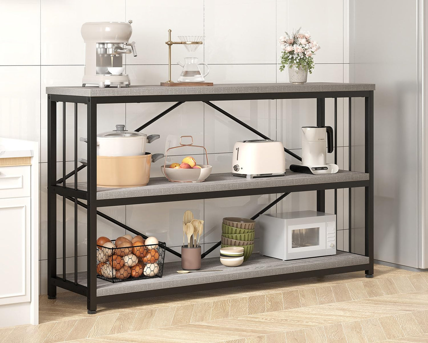 IBF 47" Gray 3 Tier Low Bookcase,Industrial Modern Short Horizontal Etagere Bookshelf