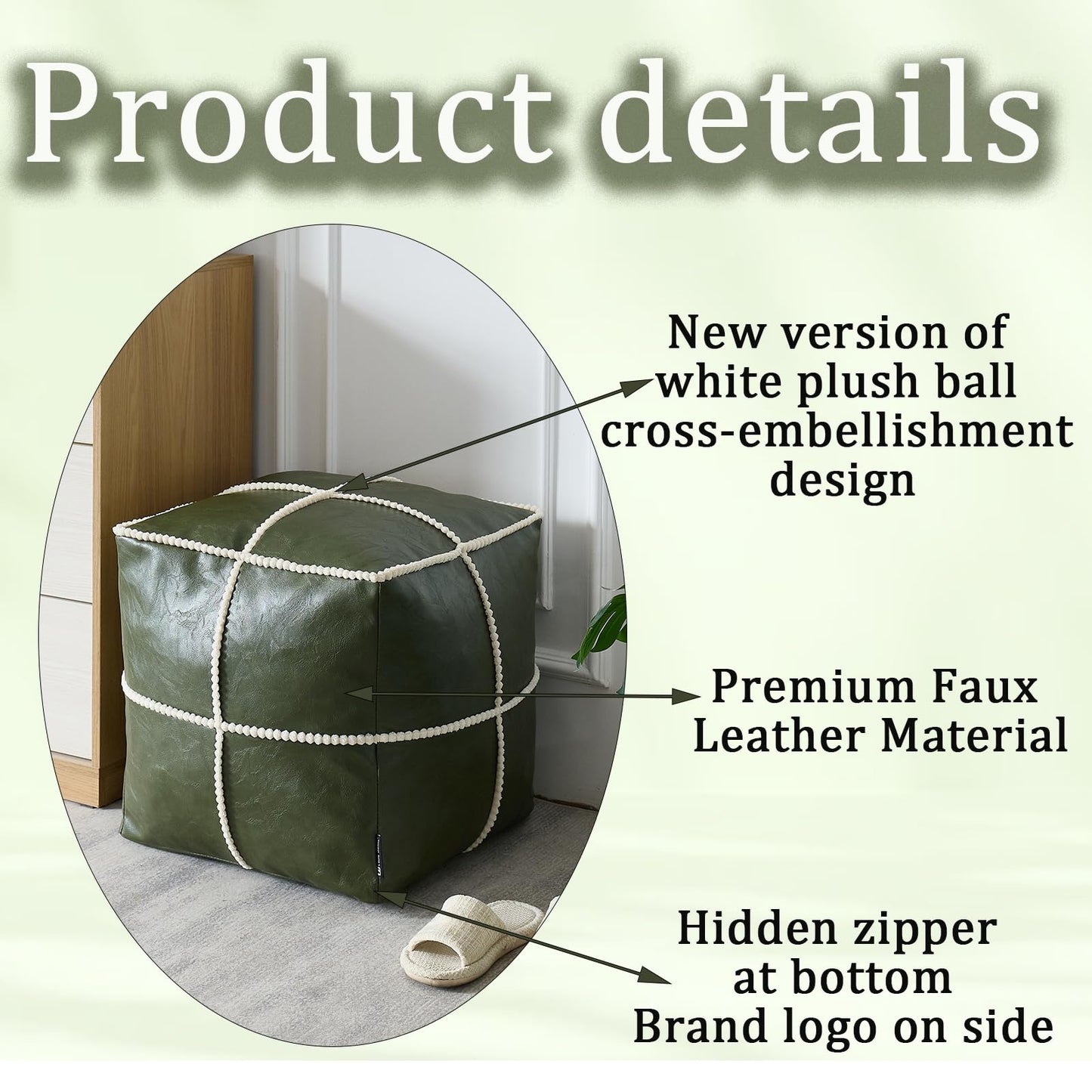 Louis Donné Unstuffed 17.7" Square Ottoman Pouf Cover, Waterproof Faux Leather Floor Footrest, Storage-Friendly for Living Room Bedroom Office Chair