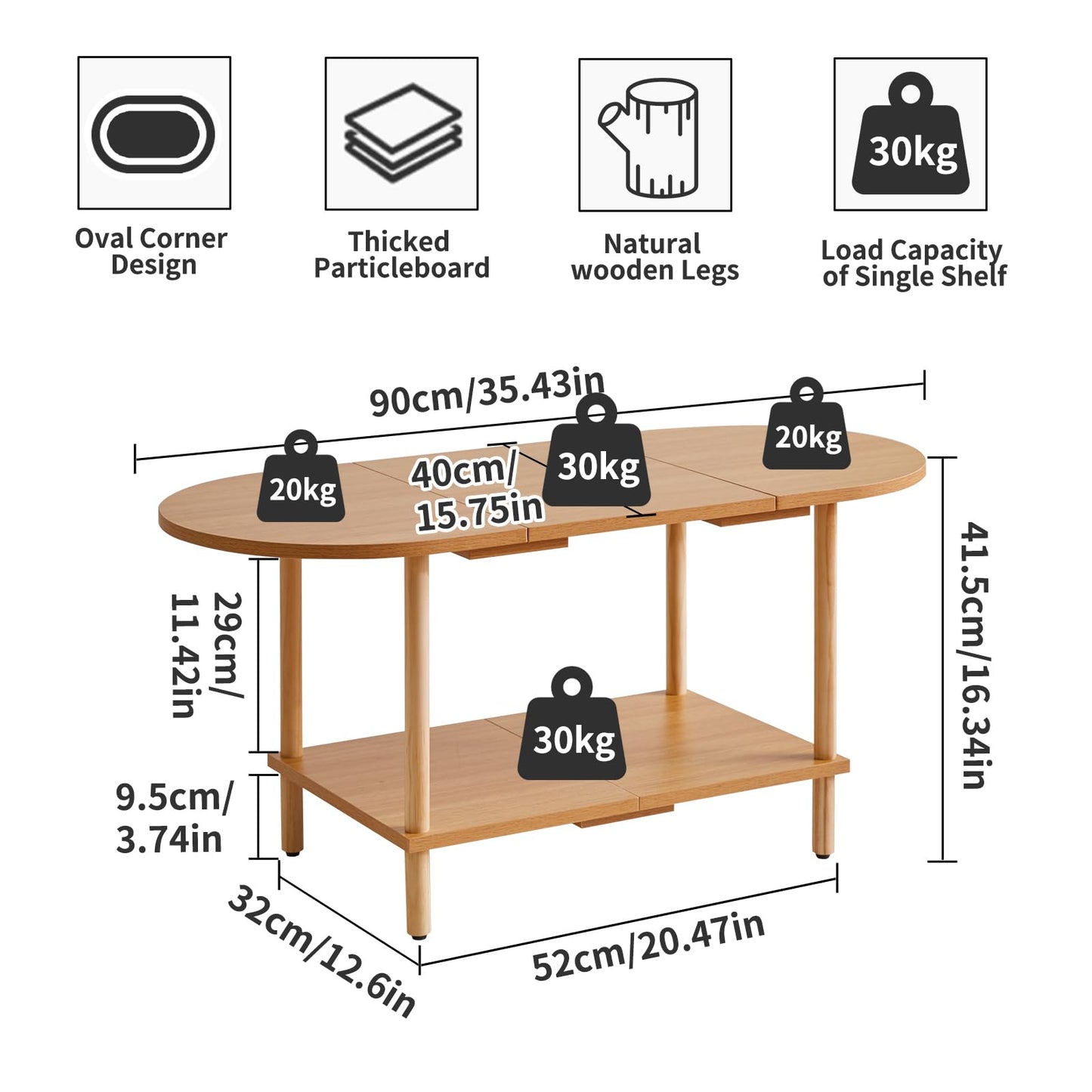 Aibiju Wooden Tea Table Splicing Design, 2 Tier Coffee Table for Living Room, 35x16x17inch TV Table Stand with Storage Shelf Natural Wood Color