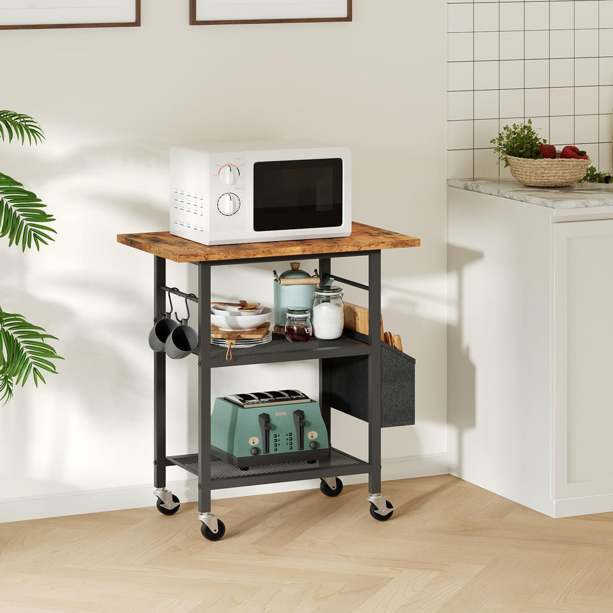 MAHANCRIS 3-Tier Printer Stand, Rolling Printer Table on Wheels, Industrial Storage Stand with Side Pocket, Wooden Tabletop