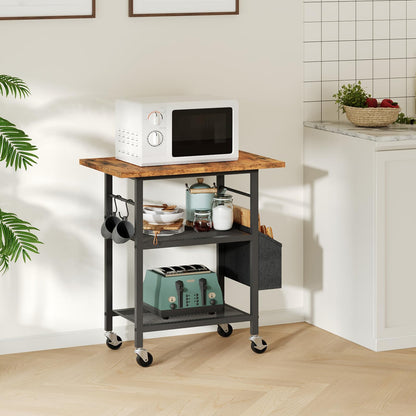 MAHANCRIS 3-Tier Printer Stand, Rolling Printer Table on Wheels, Industrial Storage Stand with Side Pocket, Wooden Tabletop