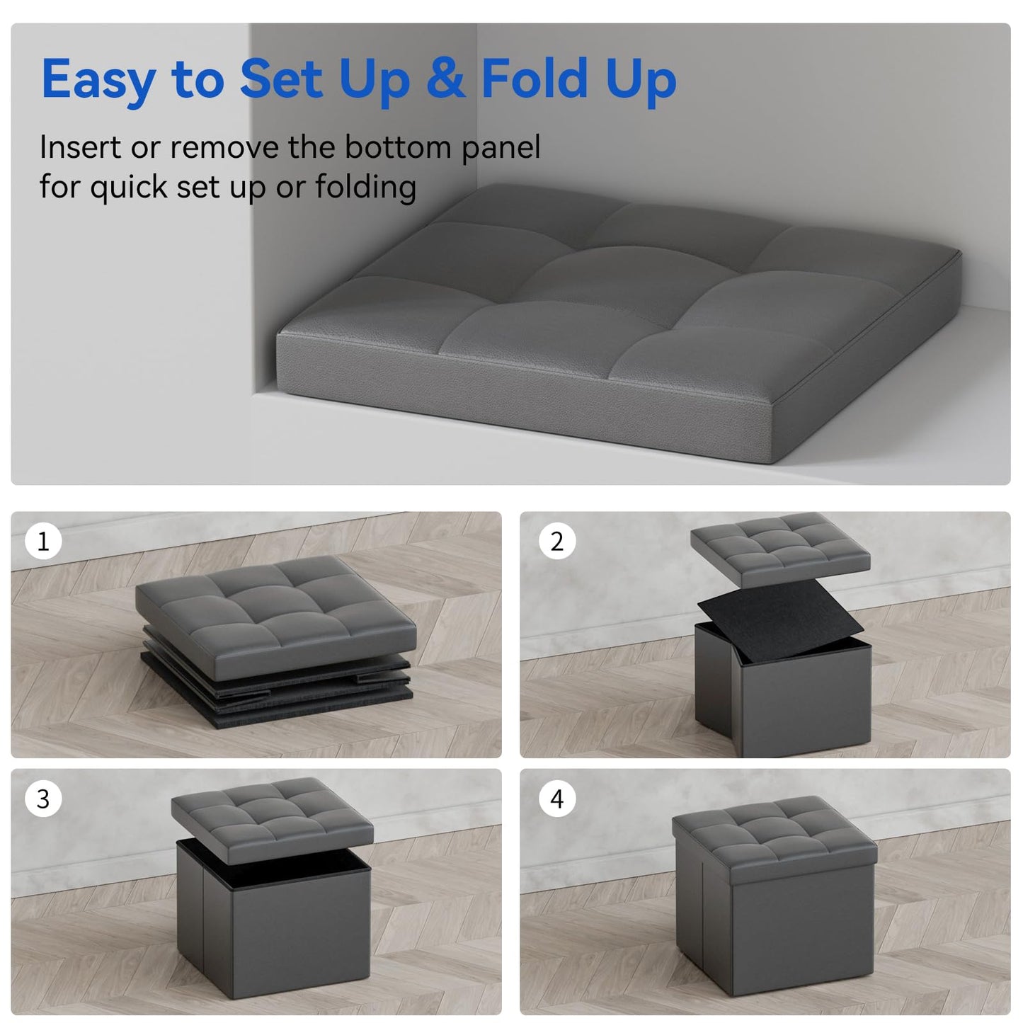 BRIAN & DANY Folding Storage Ottoman, Faux Leather Cube Foot Rest Stool with Cover, Storage Chest with Highly Elastic Sponge Filling, Gray