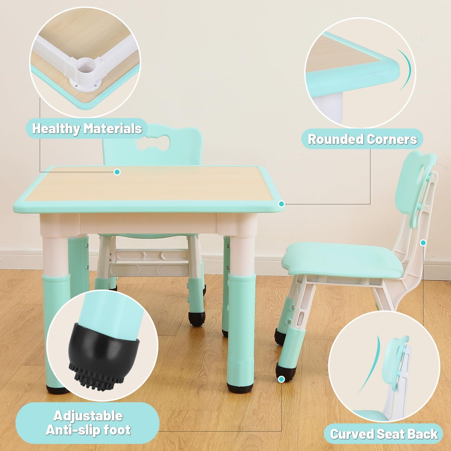 FUNLIO Kids Table and 2 Chairs Set, Height Adjustable Toddler Table and Chair Set for Ages 3-8, Easy to Wipe Arts & Crafts Table, for