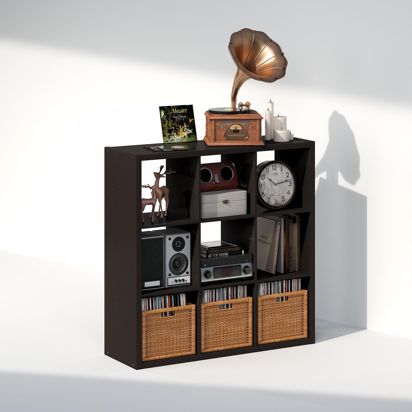 Furinno CUBICLE Record Player Stand with Vinyl Storage, 9-Cube 1.2 Extra Thick Vinyl Record Storage
