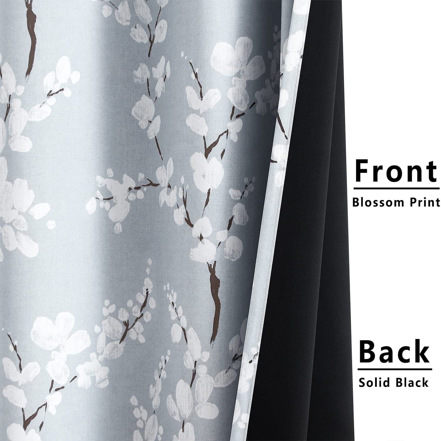 Fmfunctex Grey Floral Blackout Curtains for Bedroom 90 inch Drop Eyelet Curtains for Living Room Nursary Blossom Thermal Insulated Window Curtain