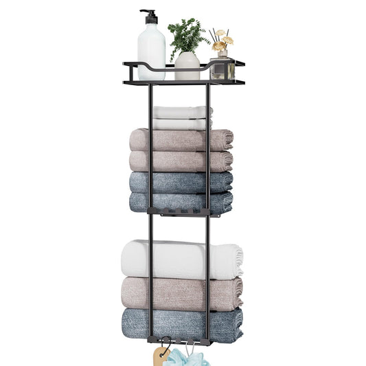 HapiRm Towel Rack Wall Mounted - 3-Tier Bathroom Holder with Storage Basket, Stainless Steel Bathroom Towel Storage, Wall Rack with Hooks & Shelf
