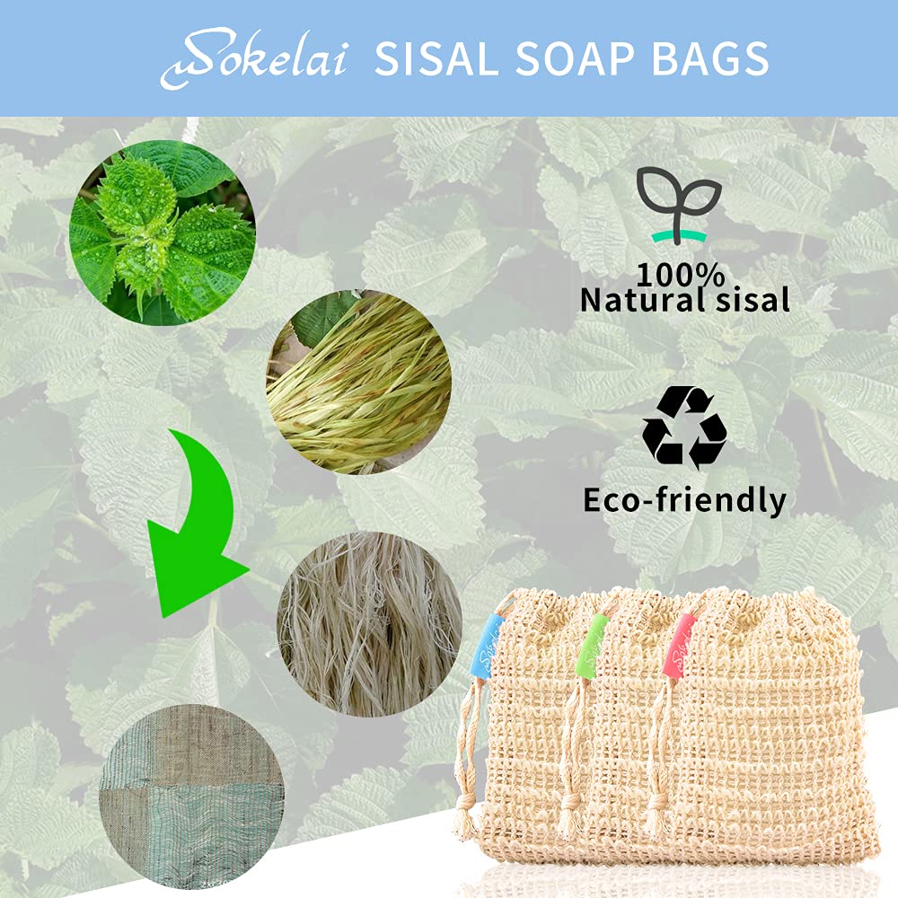 Natural Exfoliating Sisal Soap Bag 6 Packs Soap Protection Bag Saver Pouch Soap Sack Made from Sisal Ramie Fiber with Drawstring for Facial Body