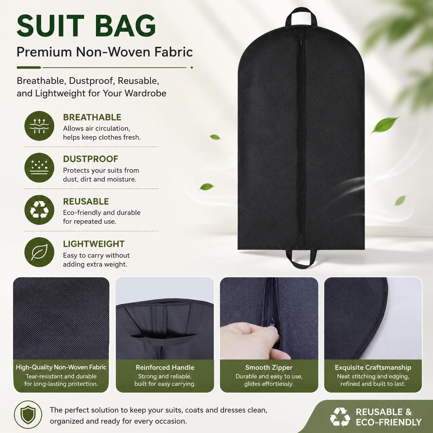 Yelinosk 2 PCS Black Suit Bag for Man 60x120cm, Dust Cover, Carrier, Storage Bag for Coats, Tuxedo