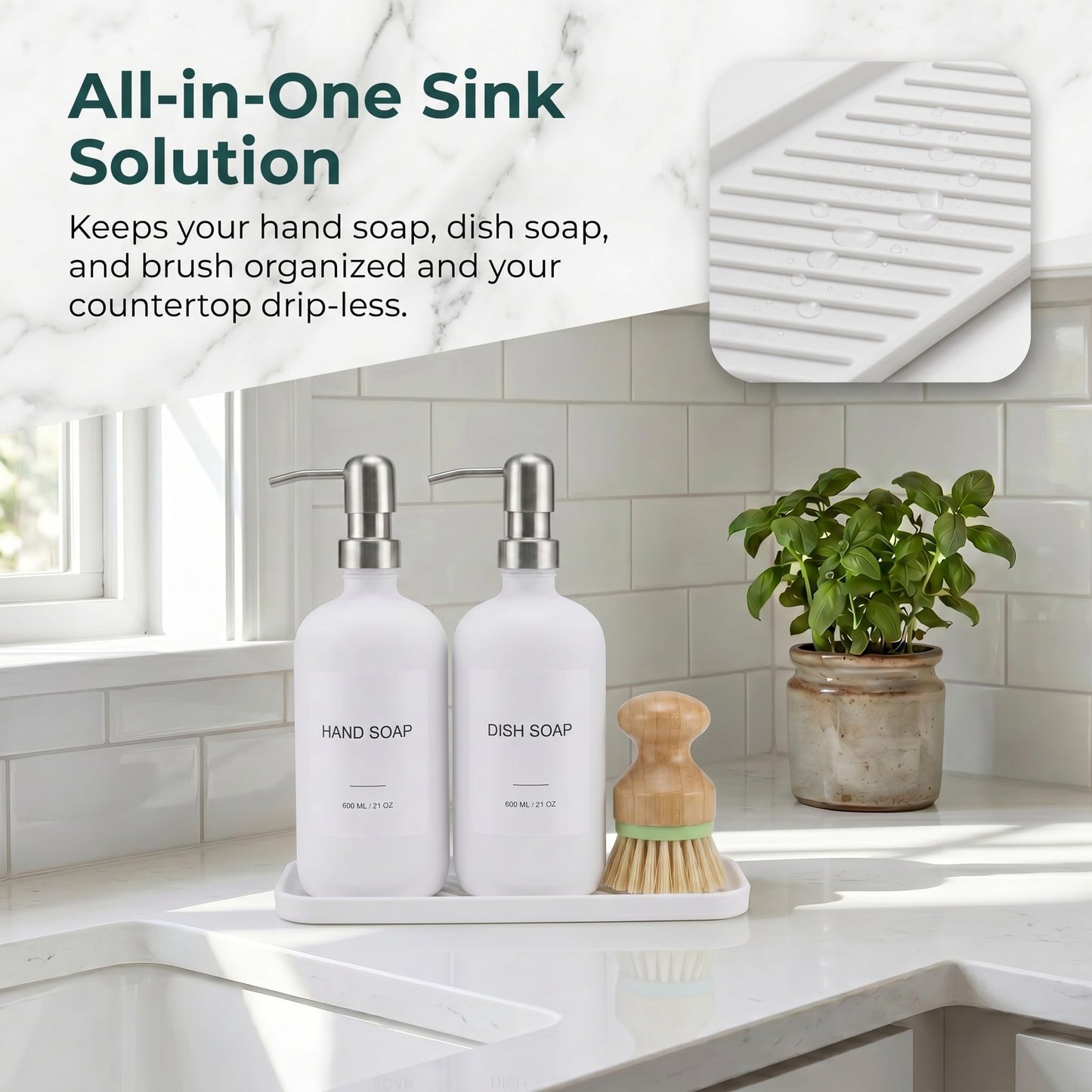 Hand & Dish Soap Dispenser with Dish Brush, Washing Up Liquid Dispenser Set 600ml, PET Plastic Bottle with Stainless Steel Pump