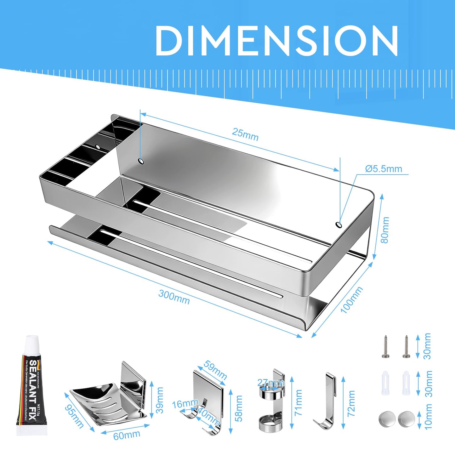 EXLECO 5 in 1 Shower Shelf without Drill for Bathroom Adhesive Bathroom Shelf Stainless Steel Bathroom Shelf Shelves Basket for Shower Shelf Bathroom