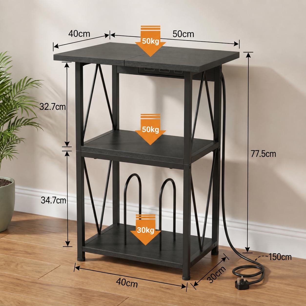 2026 Upgraded Extended Tabletop Record Player Stand with Charging Station, 3 Tier 50x40cm End Table with Vinyl Record Storage