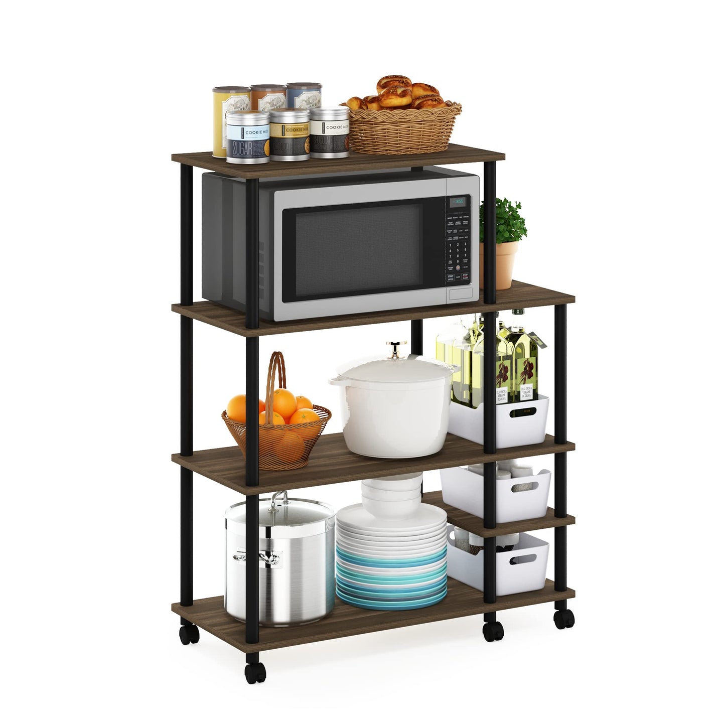 Furinno TURN-N-TUBE Bakers Rack with Wheels, 4-Tier Kitchen Storage Cart, Kitchen Cart, Coffee Bar, Pantry Organizers and Storage, Brown Walnut