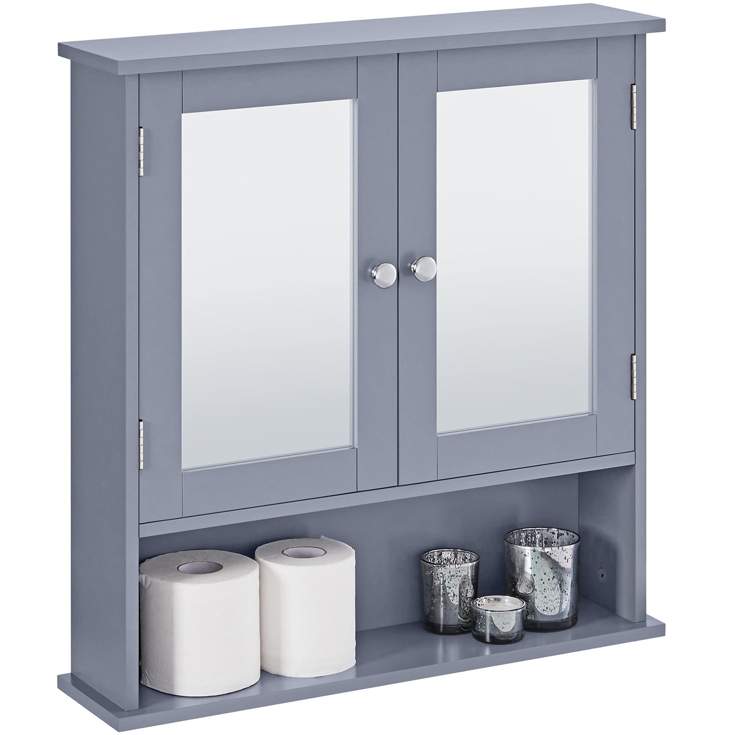 Yaheetech Bathroom Mirror Cabinet, 2 Doors & Open Shelf, Grey