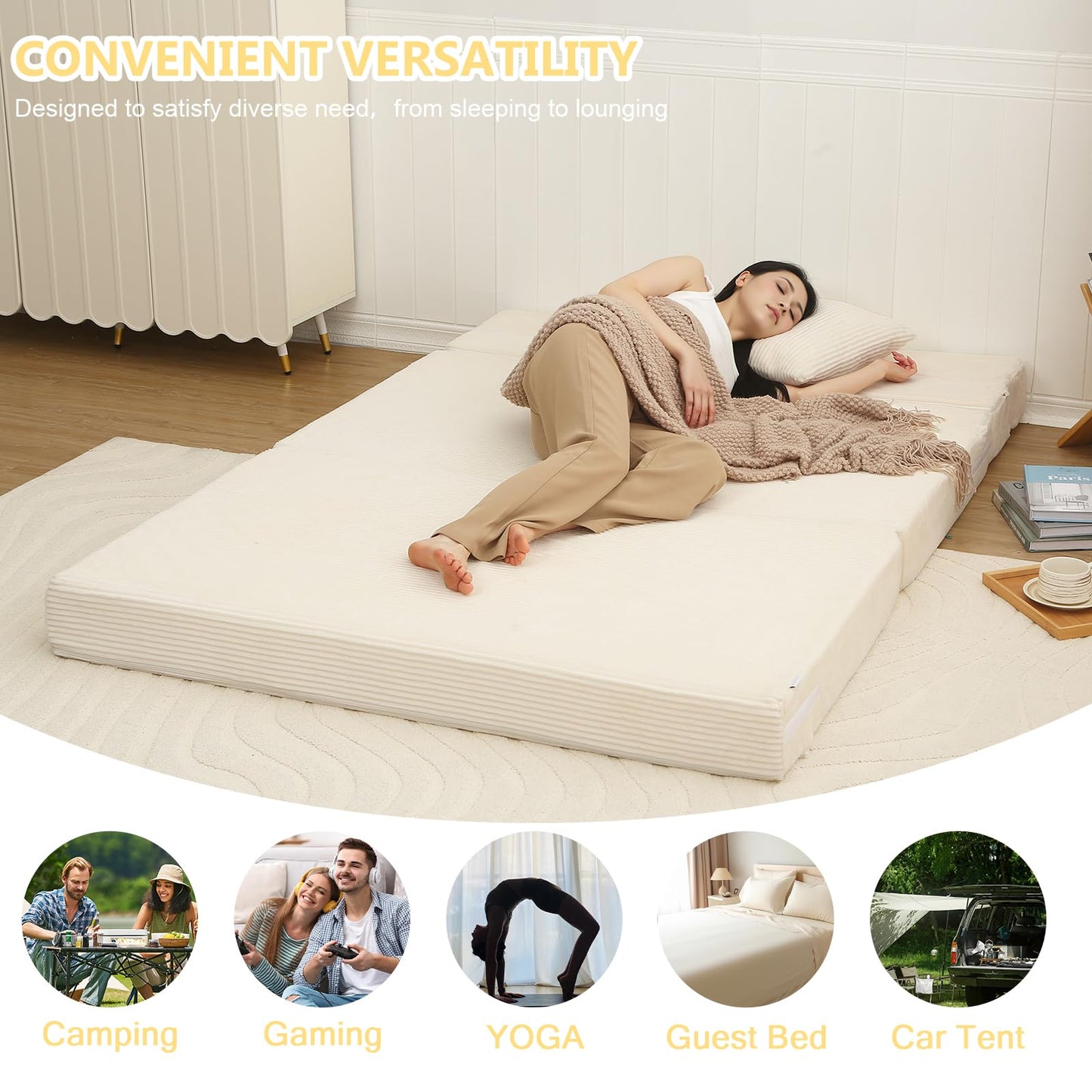 MeMoreCool Folding Mattress Double, Corduroy Fold Out Sofa Bed, Grey