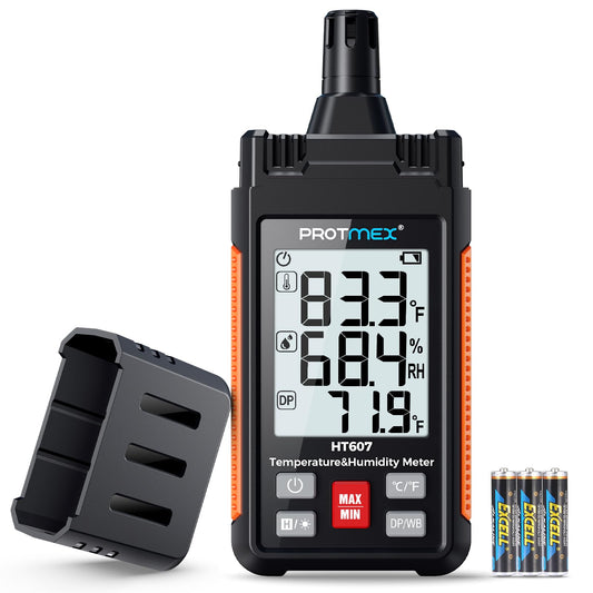 Protmex HT607 Temperature Humidity Meter High Precision Digital Hygrometer with Ambient, Relative Humidity, Dew Point, Wet Bulb Thermometer, Min/Max
