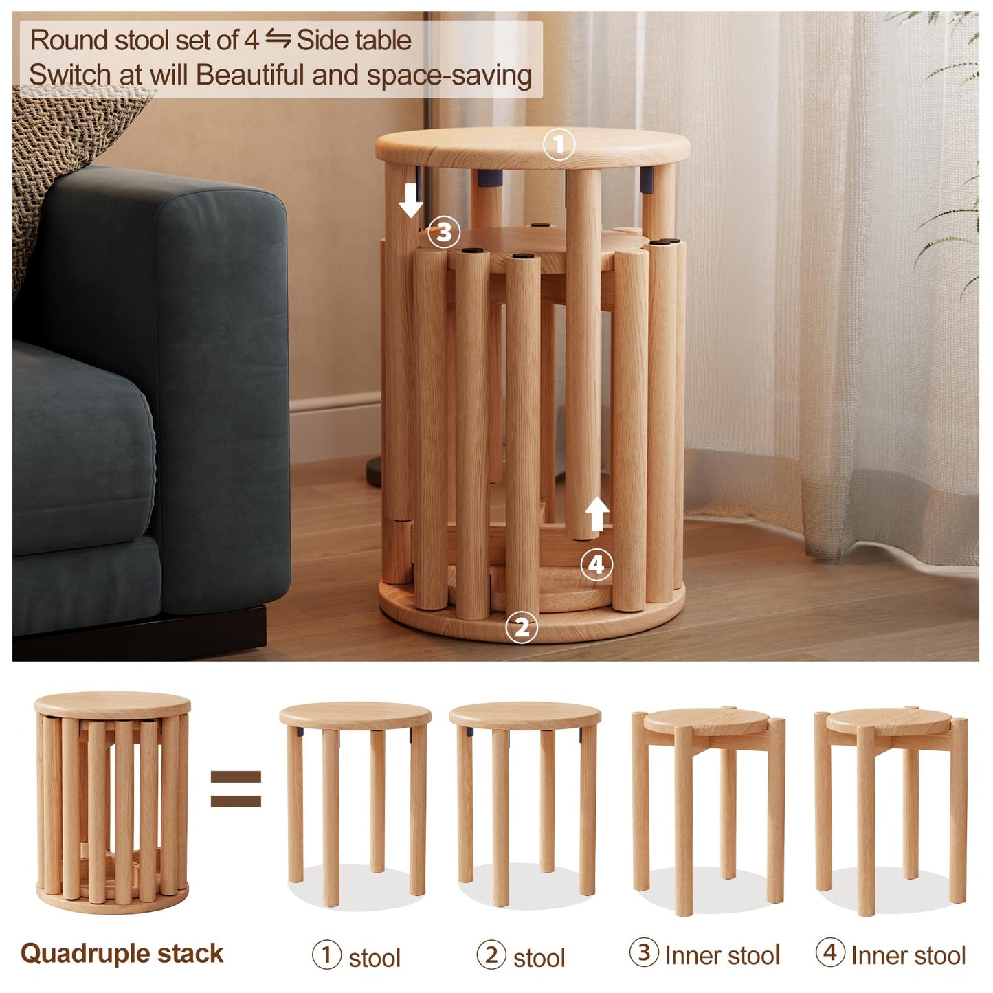YQJJGL 4PCS Wood Stools, Rustic Stool, Wooden Chair, Kitchen Stools, Stackable Round Stools for Dining Room, Living Room, Classroom, Bedroom