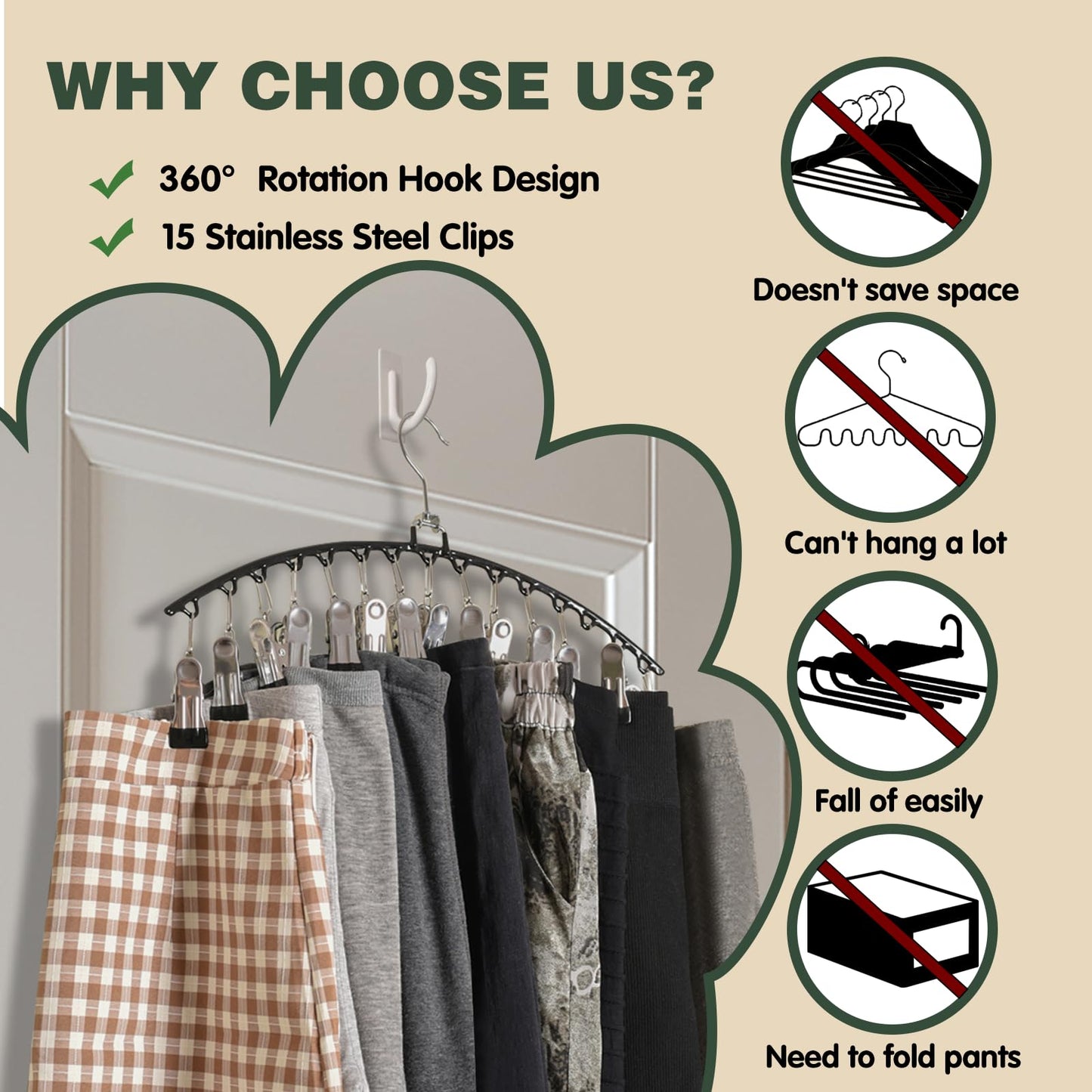 2 PCS Trouser Hangers with 15 Clips, 360° Swivel Hook Hanging Pants Hangers, Space Saving Closet Organizer and Storage for Leggings, Shorts, Skirts