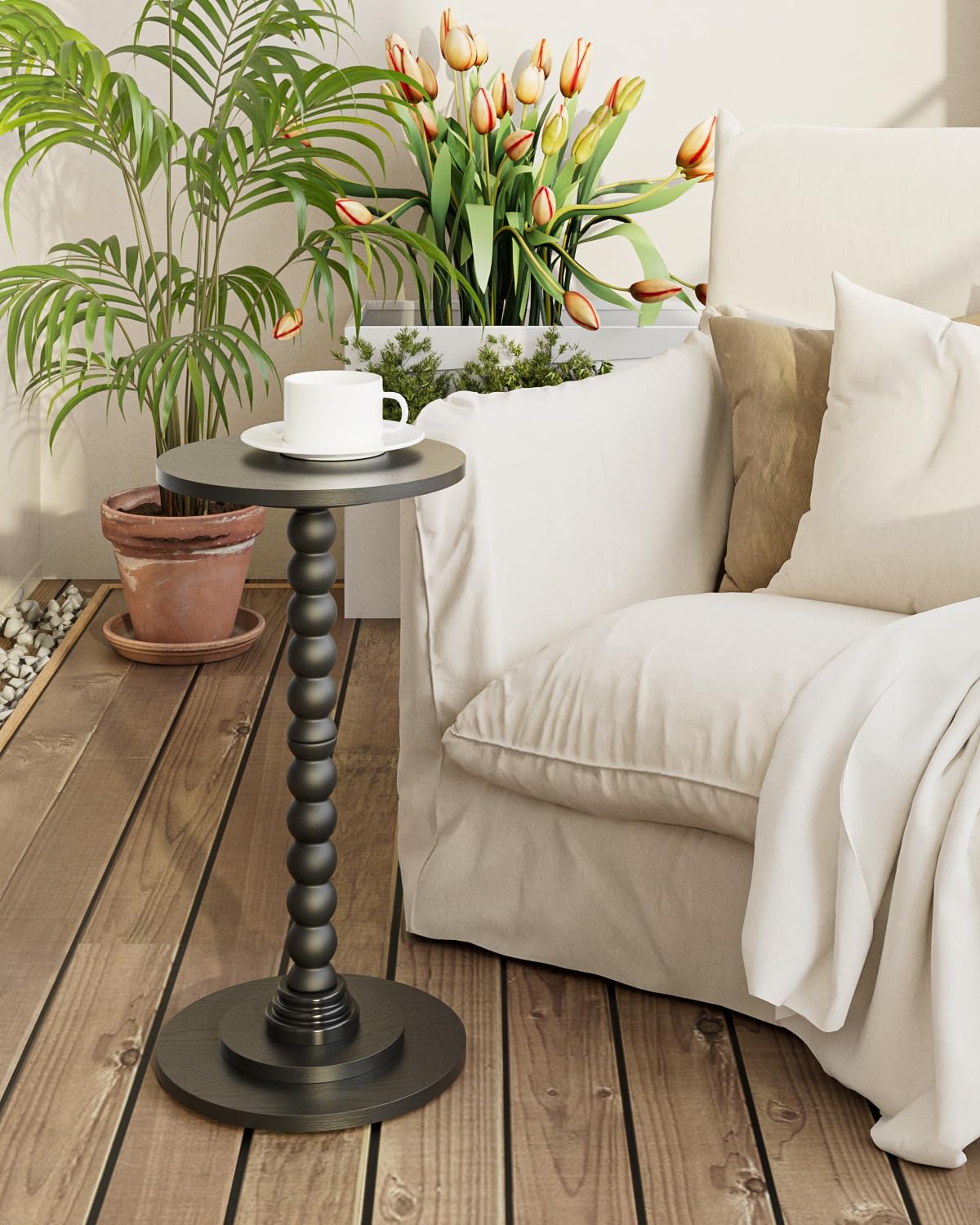 Apetaccat Round Side Table, Drink End Table with Solid Wood Leg, Small Side Tables for Living Room, Bedroom, Study, Black