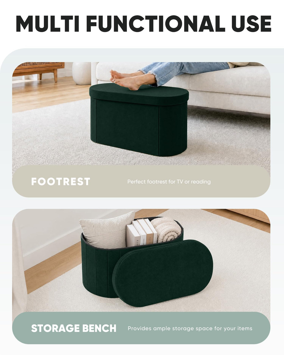 Bonlife Velvet Folding Ottoman Storage Bench, 76x38x38cm, Bottle Green