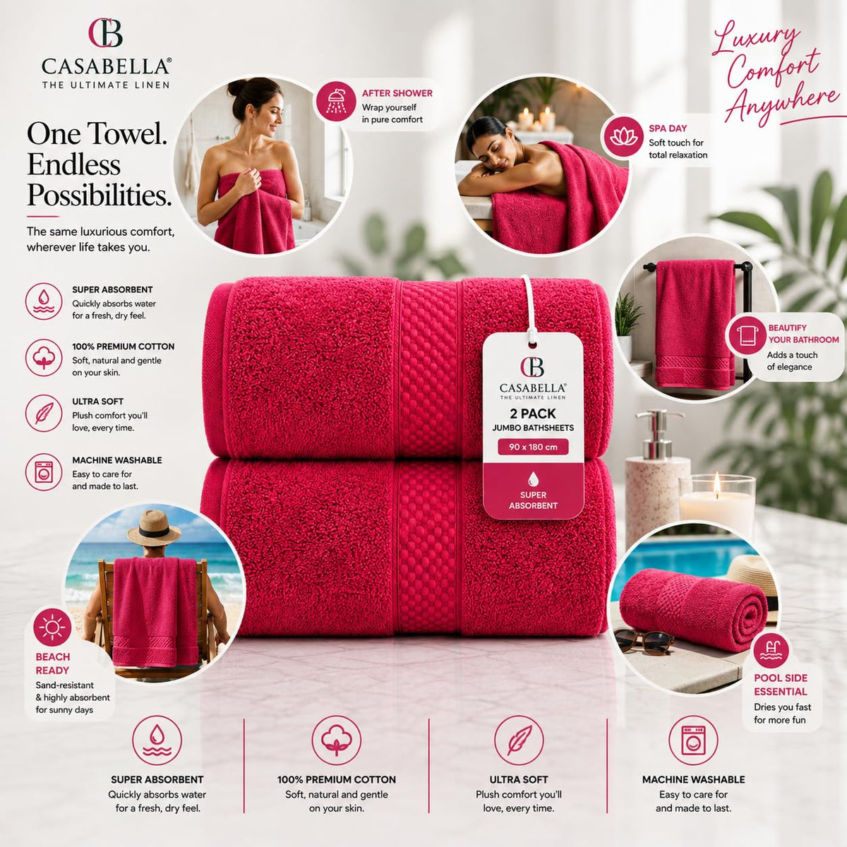 Casabella CB 2 Piece Jumbo Bath sheet 100% Combed Cotton Extra Large Bath Towel bale set super Absorbent Soft Red 2 Pack 90X180 CM Bath-sheets for