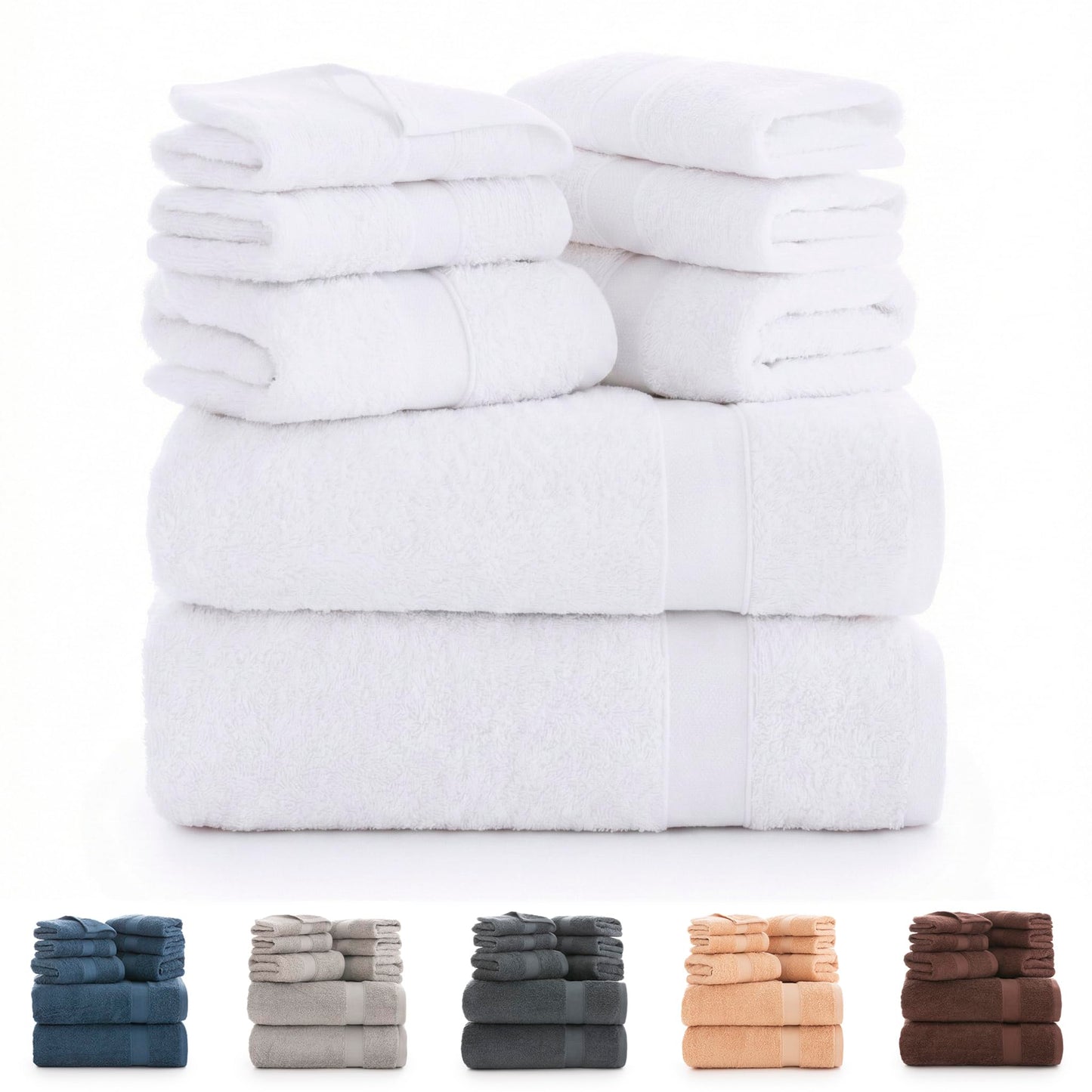 Todocama - Set of 8 Bath Towels 100% Cotton (550 GSM) Extra Soft, High Absorbent and Quick Drying, 2 Bath Towels, 2 Hand and 4 Face Towels (White)