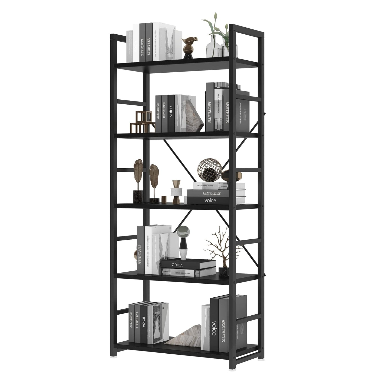 VERMESS Industrial Bookshelf, 5 Tier Wood Bookshelf with Open Shelves, Rustic Standing Bookshelves, Metal Frame, Display Shelf for Living Room