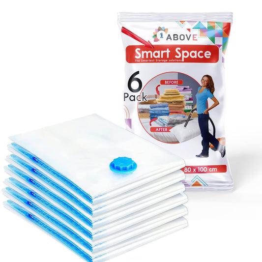 1ABOVE Pack of 6 Vacuum Compressed Storage Bags, Mould Moisture and Bug Proof, Double Zip High Sealing Triple Air Leak Patent Valve for Maximum