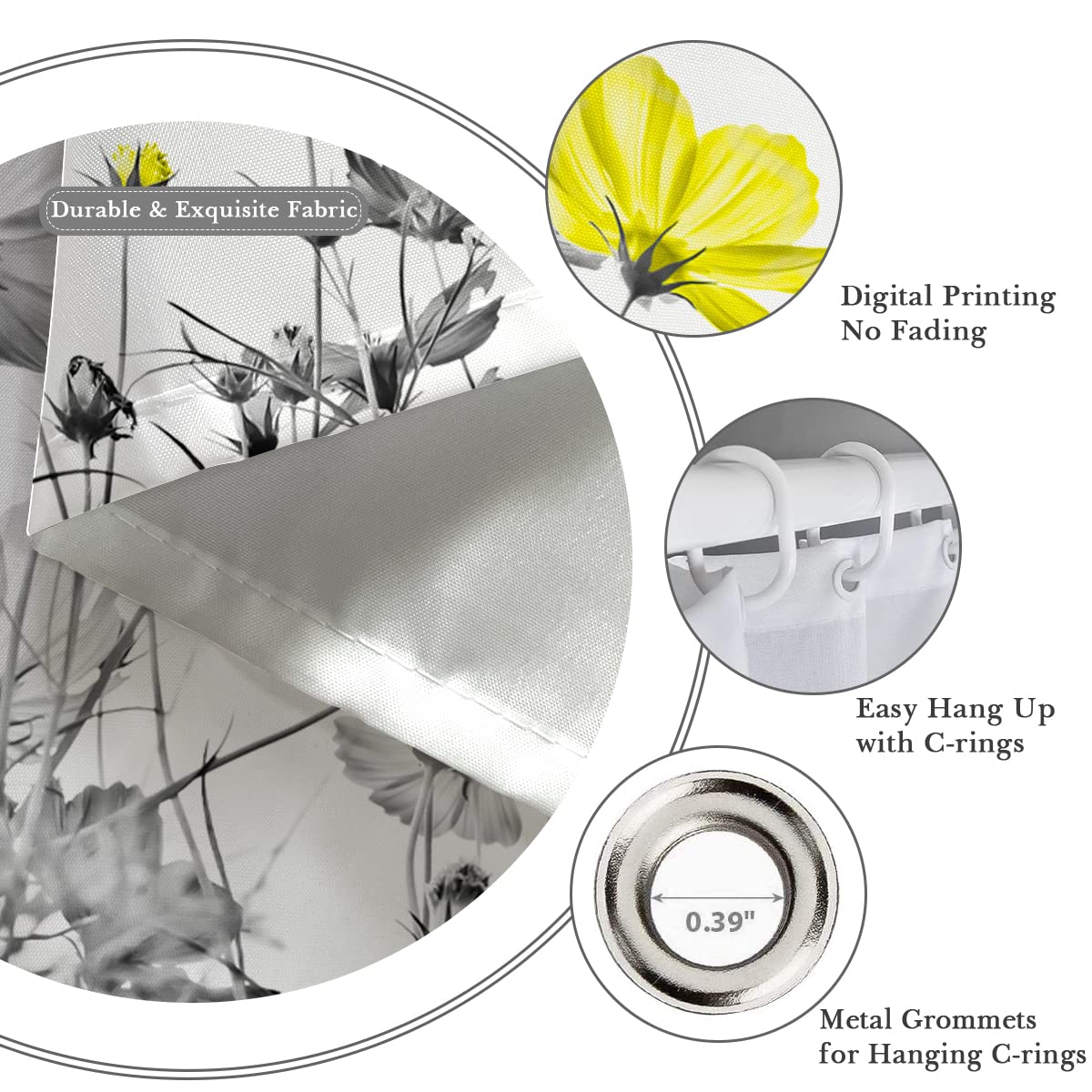 Kikiry Yellow Gray Shower Curtain 60''W x 72''L White Grey Flowers Wildflower Daisy Floral Ink Painting Botanical Simple Elegance Bathroom Curtains