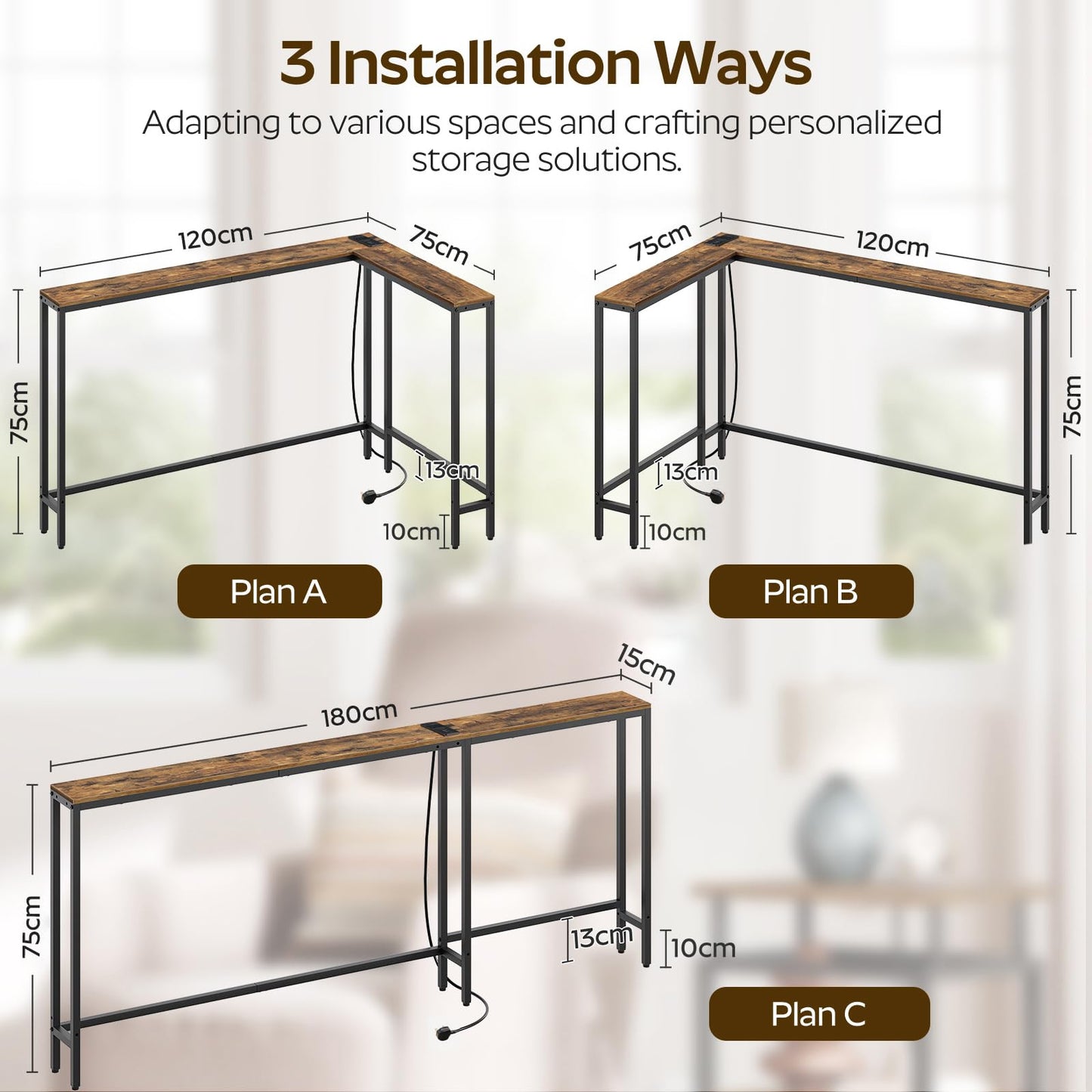 YATINEY Slim Console Table, 180 cm Narrow Sofa Table with Power Outlets, Behind Entryway Table, 3 Assembly Options, for Entryway