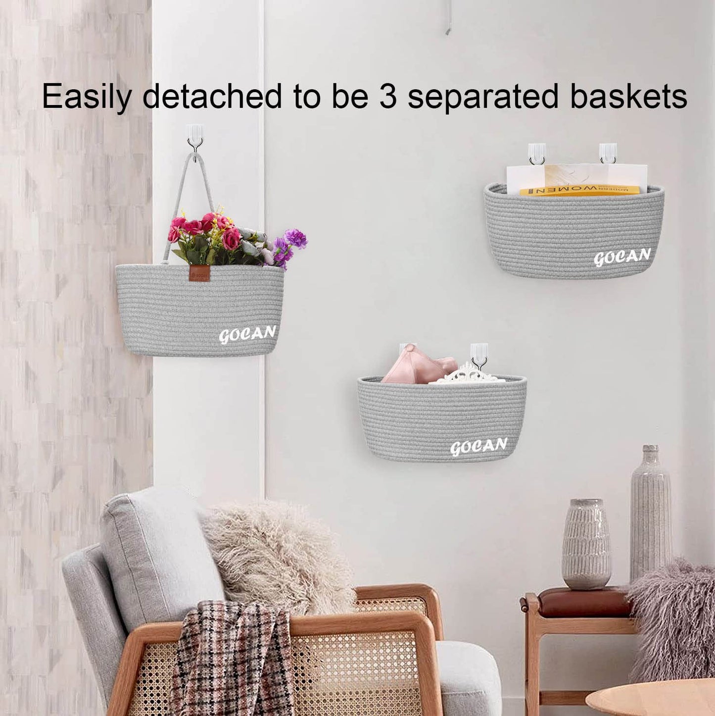 GOCAN 3-Tier Over Door Cotton Rope Woven Hanging Storage Basket(Grey)