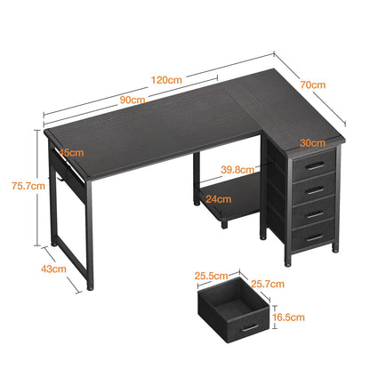 Coleshome Small Corner Desk with Drawers for Home Office, 120x70 cm, Black