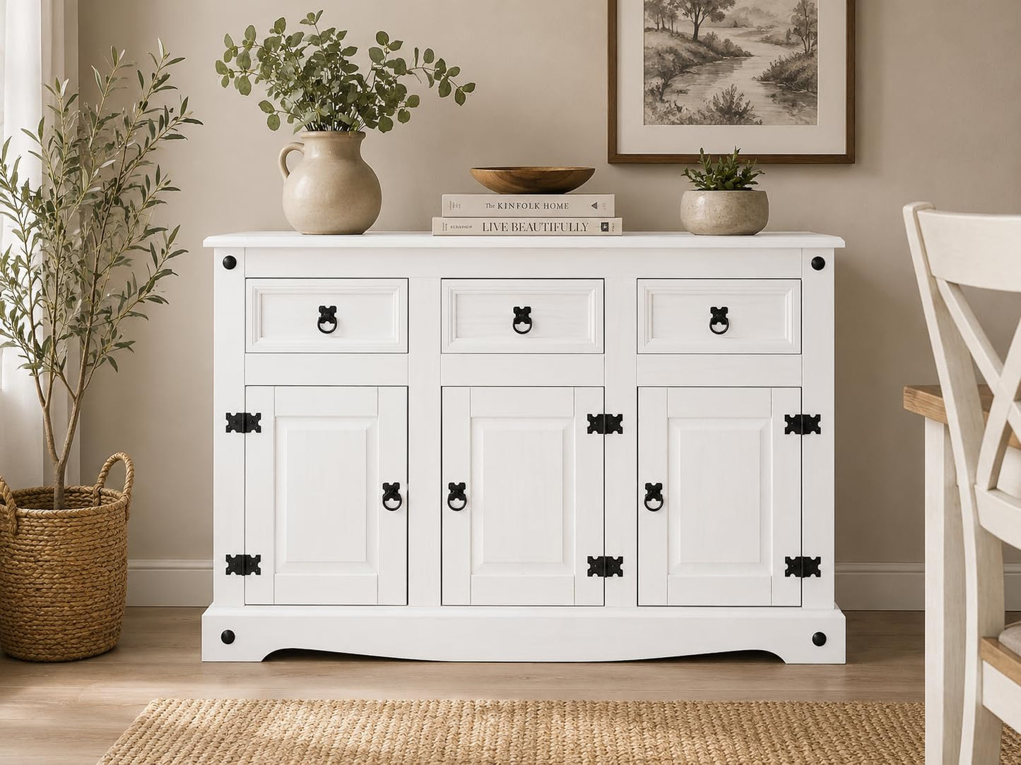 Corona Sideboard 3 Door 3 Drawer Country House All White Solid Mexican Pine Wood W 125cm x D 40cm x H 76cm