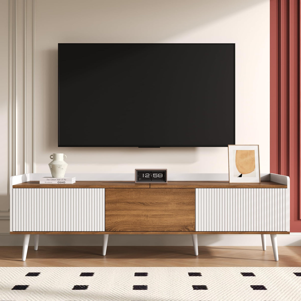 Ball & Cast TV Cabinet 3-Door TV Stand Compact Media Unit with Raised Edge, Striped Doors & Solid Wood Legs 160 × 39 × 49.5 cm - White & Natural Wood