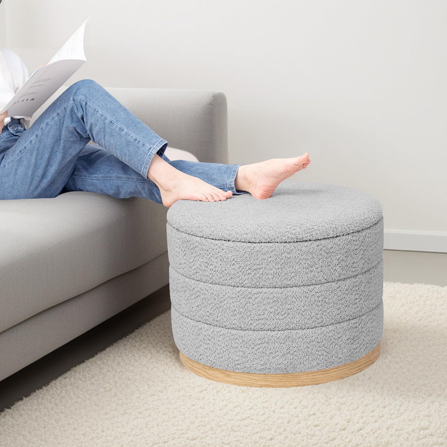PINPLUS Round Chenille Storage Ottoman, Tray Top, 58x58x44 cm, Silver Grey