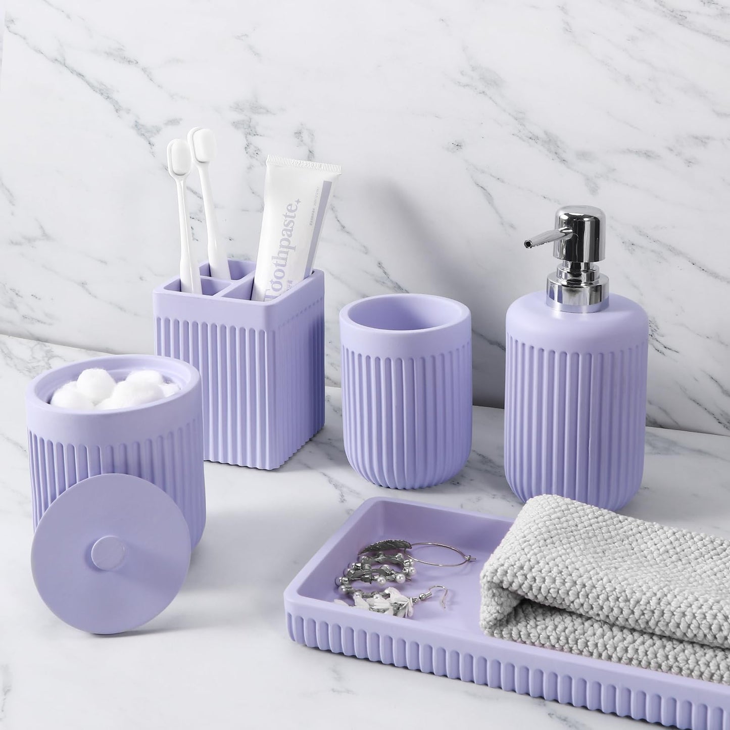 XLHOMO Resin Light Purple Bathroom Accessories Set 5 Pcs, Lotion Soap Dispenser, Toothbrush Holder, Bathroom Tumbler, Qtip Holder and Vanity Tray