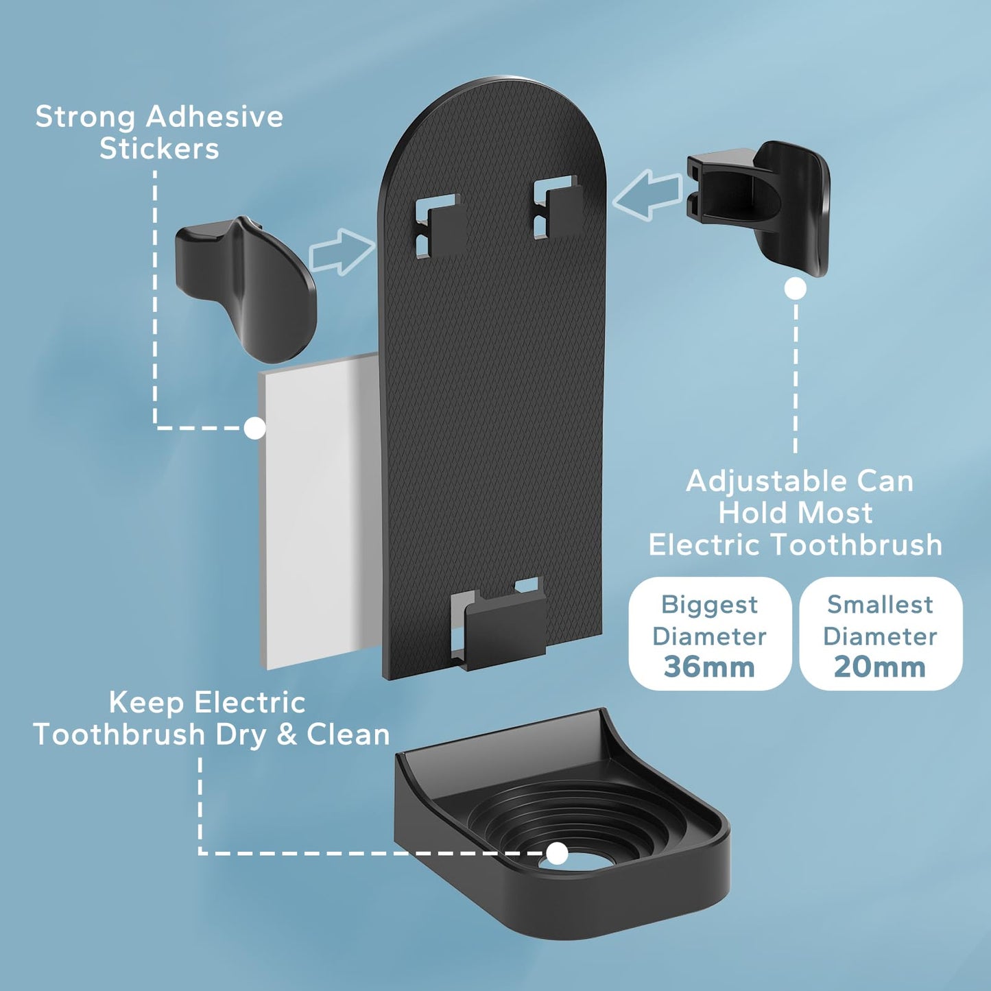HOMMAND 2 Pack Electric Toothbrush Holder, Strong Adhesive Electric Toothbrush Holder Wall Mounted