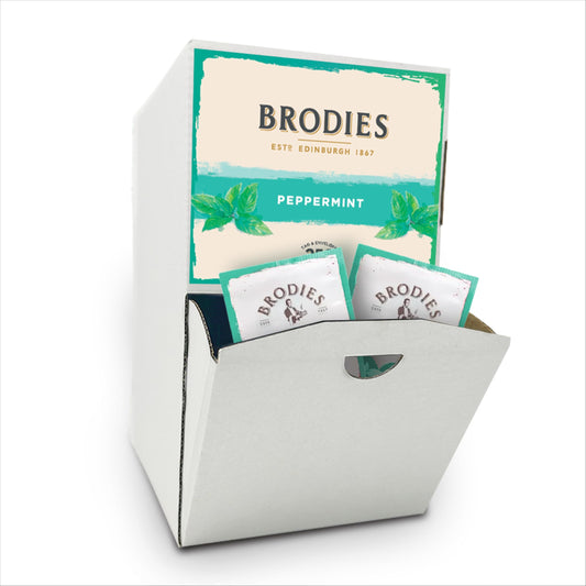 Brodies Peppermint Tag and Envelope - 1 Dispenser box of 250 tea bags - Infusion of refreshing and stimulating bright green cut Leaves, Caffeine Free