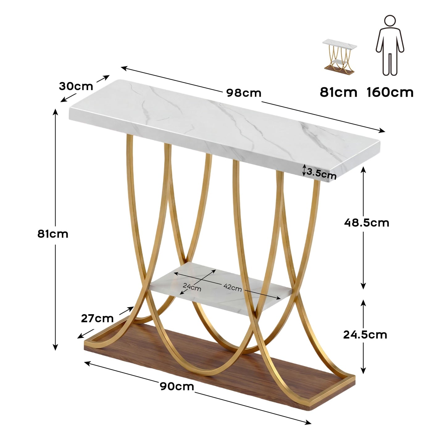 DAWNYIELD 3-Tier Console Table with Curved Metal Frame, Gold