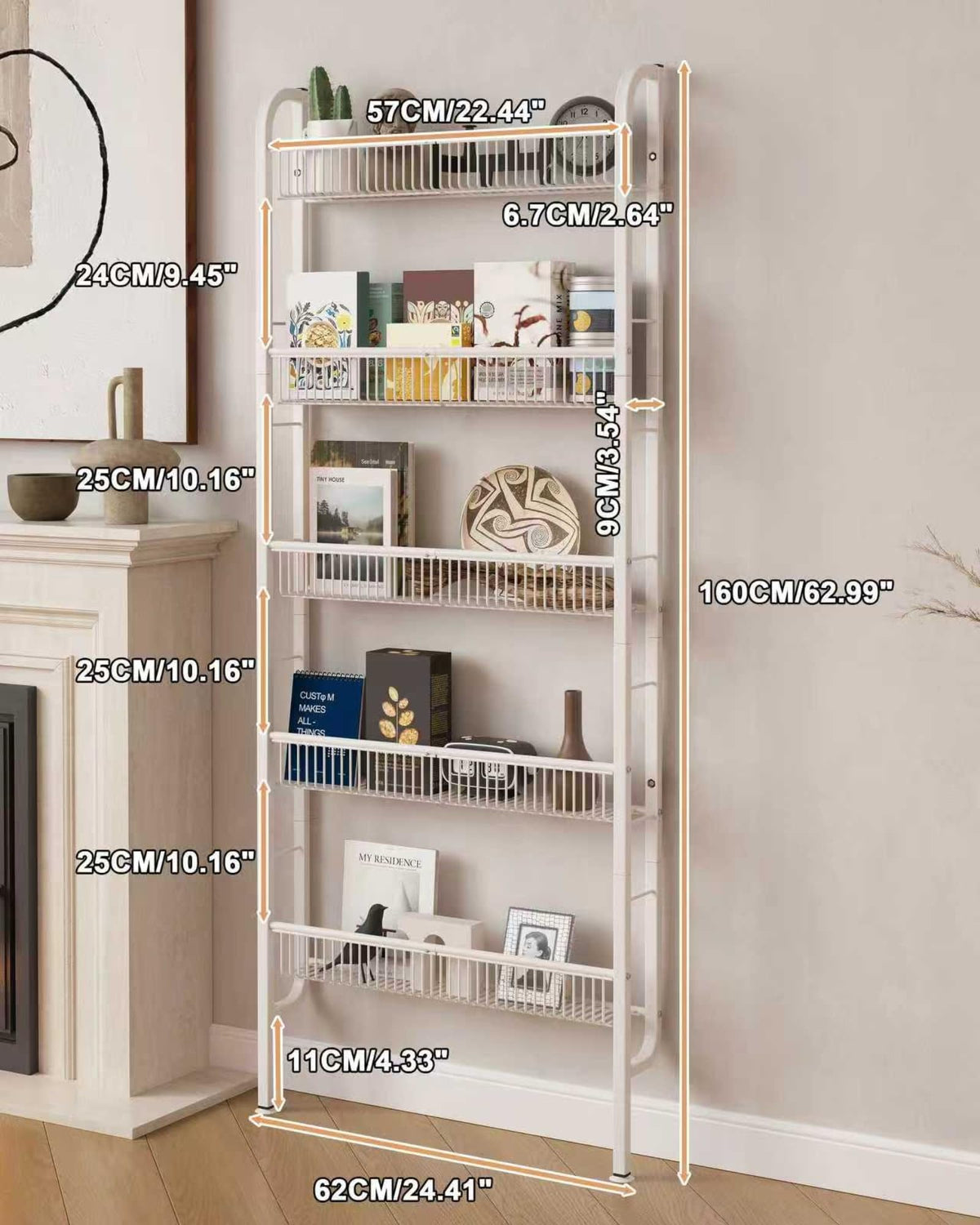 UMDONX Narrow Metal Storage Shelf Behind Door Book Organiser 5 Tier