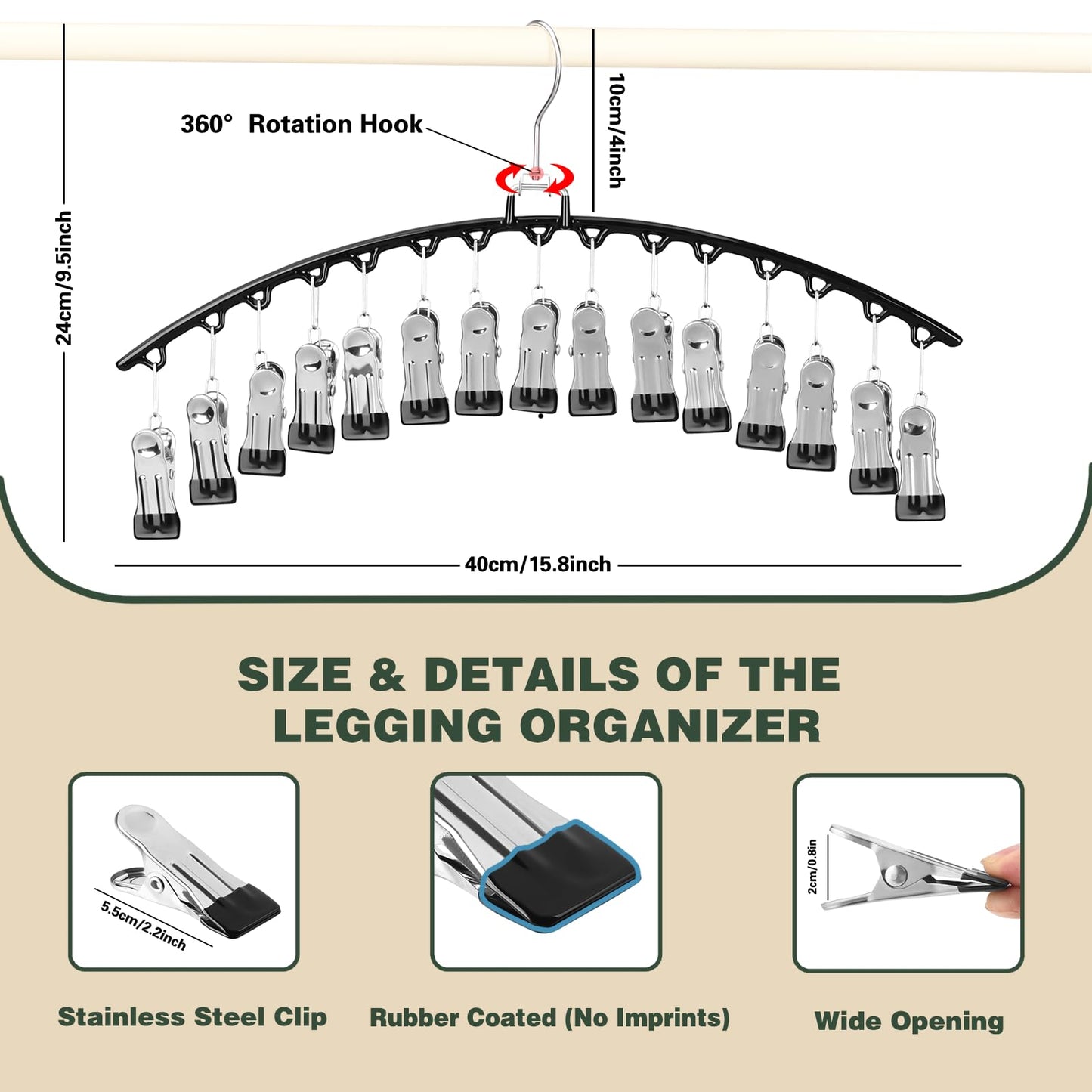 2 PCS Trouser Hangers with 15 Clips, 360° Swivel Hook Hanging Pants Hangers, Space Saving Closet Organizer and Storage for Leggings, Shorts, Skirts