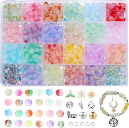 BLAESIFF 743Pcs Glass Beads for Jewelry Making, 24 Colors Bracelet Making Kit Crystal Beads with Hole for Jewelry Making and DIY Craft Decor, with