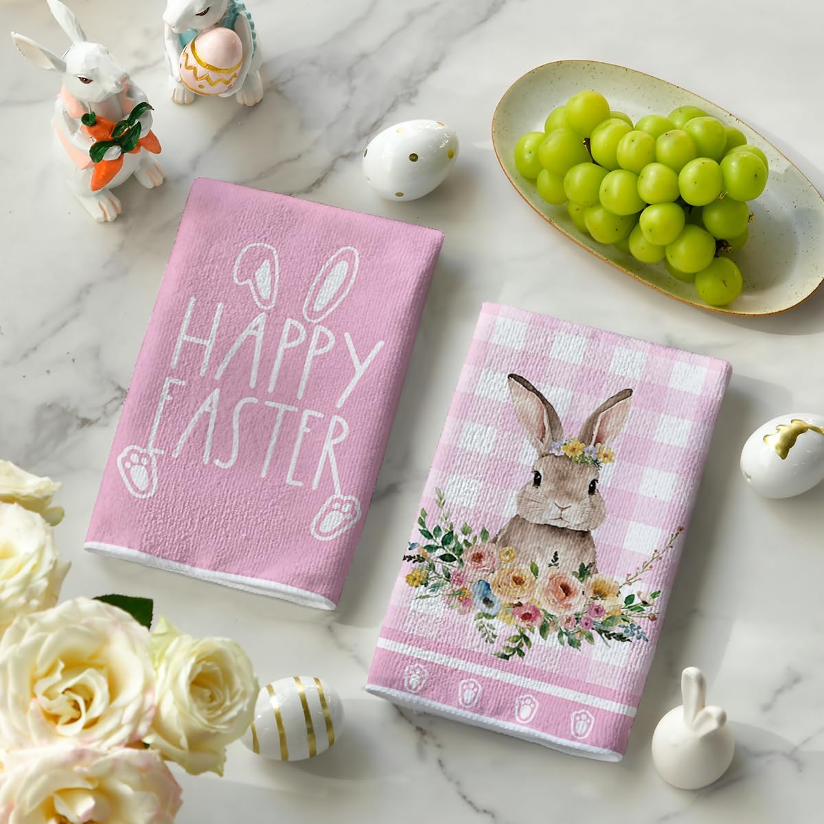 Artoid Mode Pink Buffalo Plaid Flowers Rabbit Happy Easter Kitchen Towels Dish Towels, 42x65 cm Spring Polyester Decoration Hand Towels Set of 2