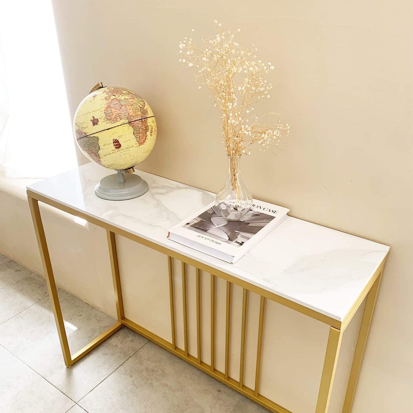 FATIVO 100cm Gold Console Table, Sintered Stone Marble Top Sofa Back Table