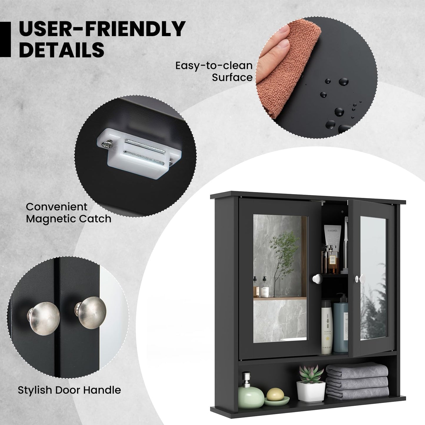 RELAX4LIFE Bathroom Mirror Cabinet, Wall Mounted Display Organizer Unit with Mirror, Double Door & Adjustable Shelf
