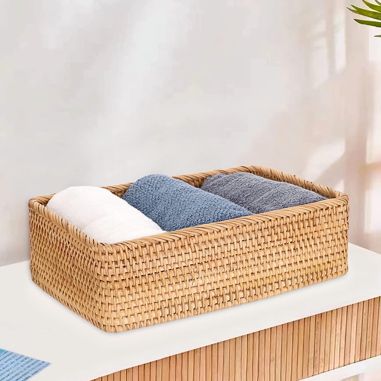 IGNPION Rectangle Rattan Woven Fruit Basket Wicker Food Tray Storage Holder Home Bathroom Kitchen Storage Basket