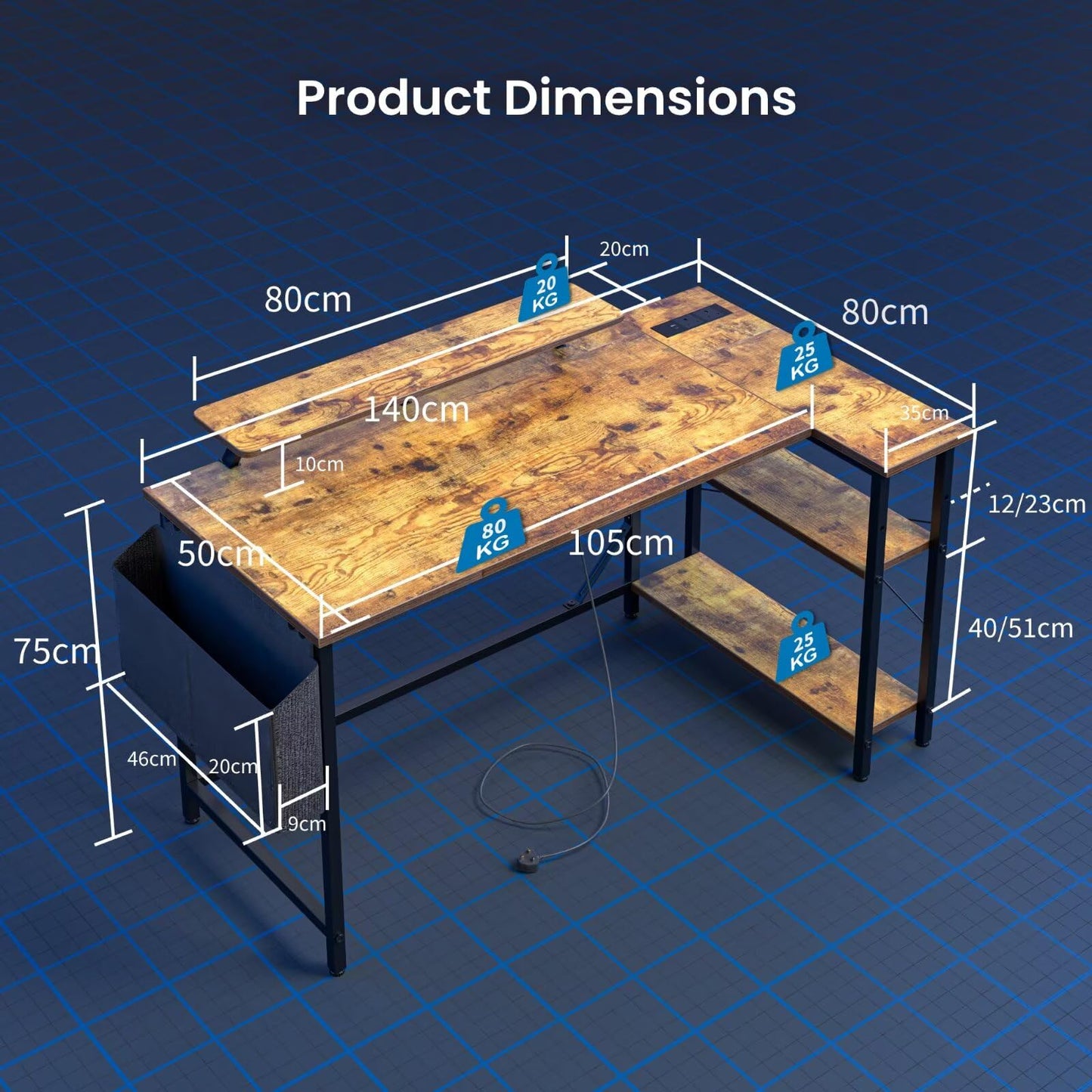 DOMSHOCT L Shaped Gaming Desk with LED Lights & Power Outlets, 140 * 80cm Corner Computer Table with Storage Bag & Adjustable Shelves & Large Monitor