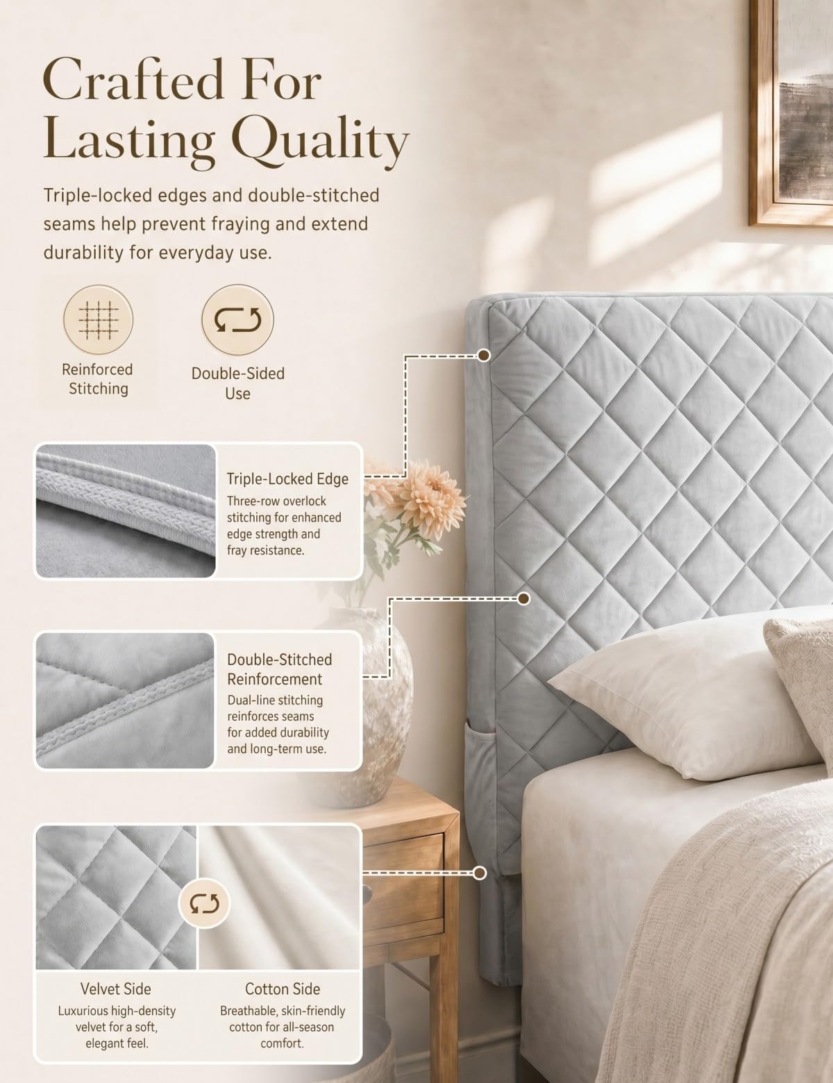 Bed Headboard Cover ‌Double, Quilted Thicken Protector Light grey,150x70cm
