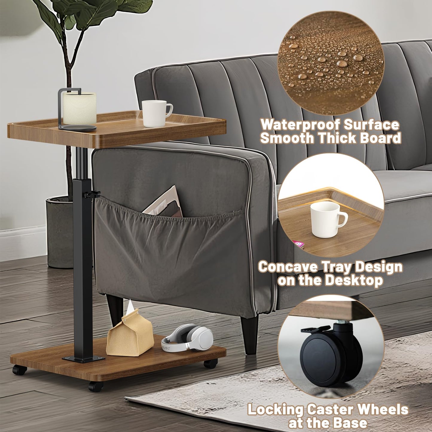 Lnopever Adjustable Side Table C Shaped Side Table with Wheels ＆ 360° Swivel Tray, Swivel Side Tables for Living Room