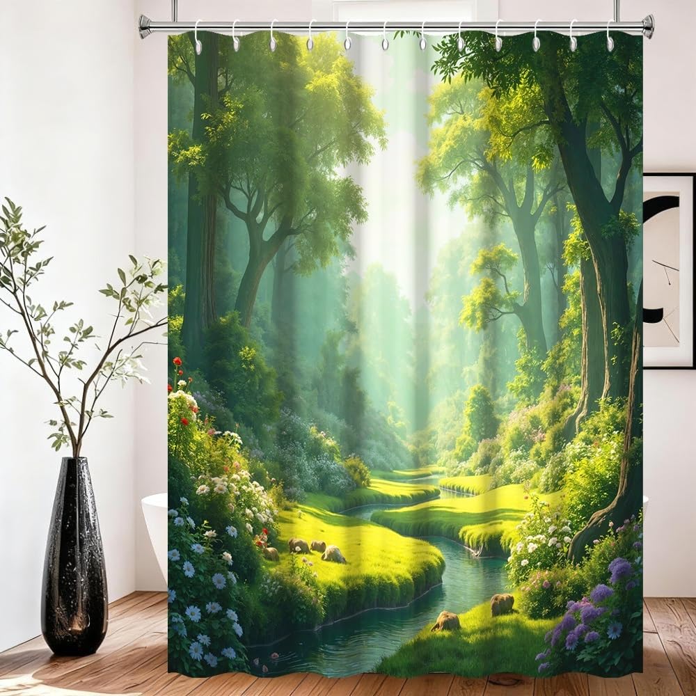 Xiaoterna Floral Plant Shower Curtain Green Spring Nature Forest Bathroom Curtain Green Tall Trees Blooming Flower River Stream Nature Shower Curtain